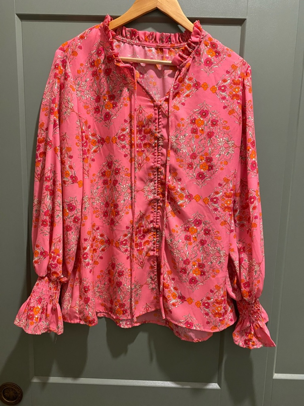 Women’s Pink Floral Ruffle-Neck Blouse